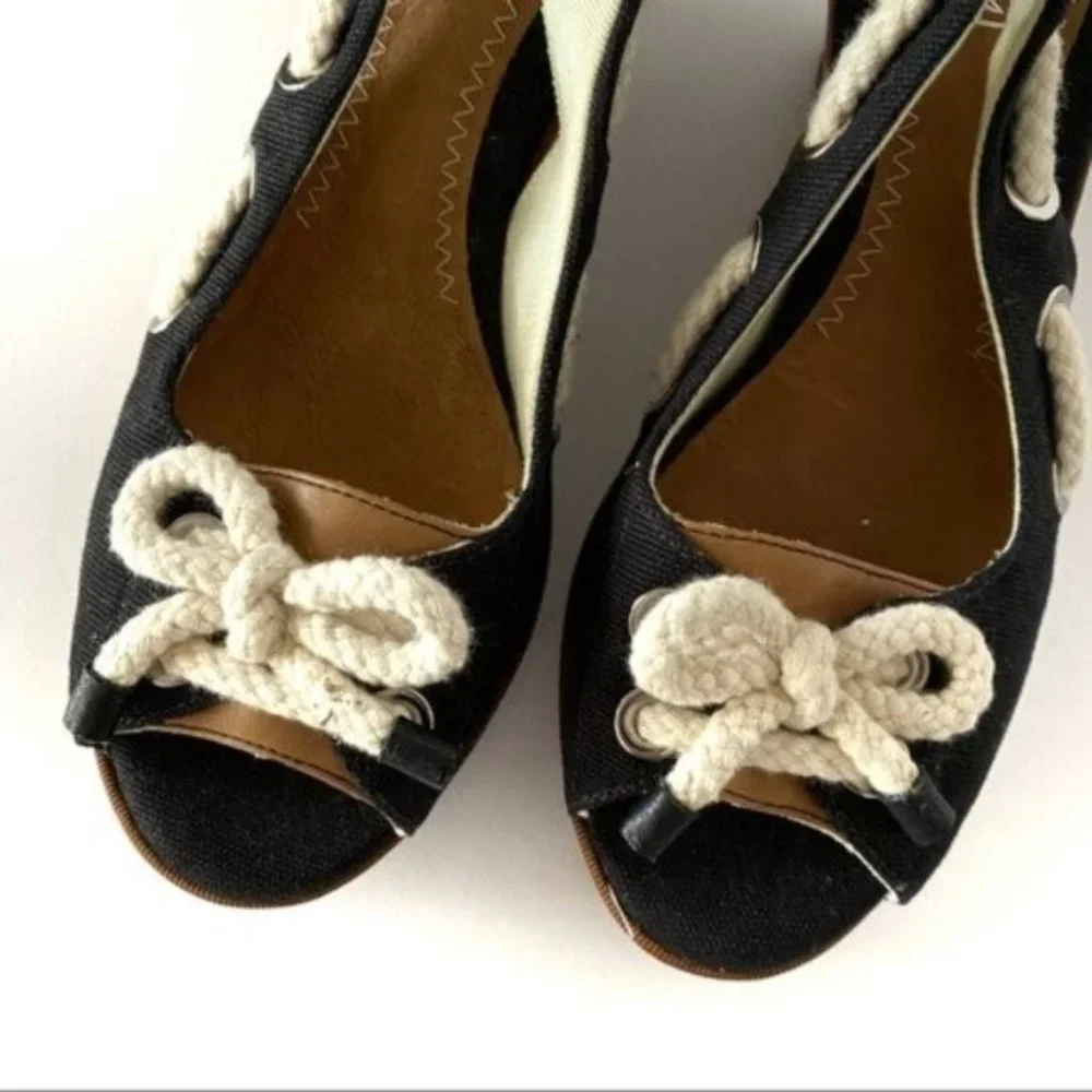 Sperry Southport Black Canvas Wedge Sandals Nautical Casual Comfort Size 7